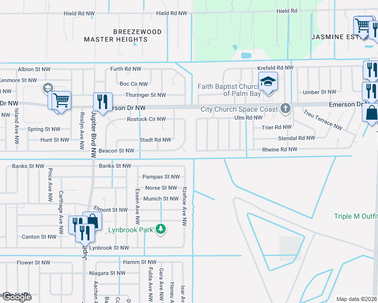 map of restaurants, bars, coffee shops, grocery stores, and more near 1251 Gem Court in Palm Bay