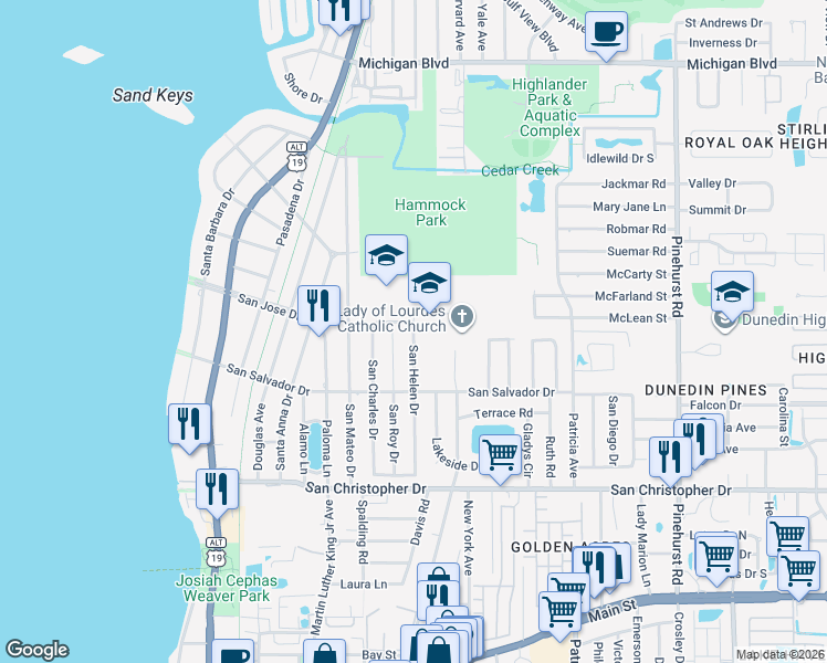 map of restaurants, bars, coffee shops, grocery stores, and more near 1670 San Helen Drive in Dunedin