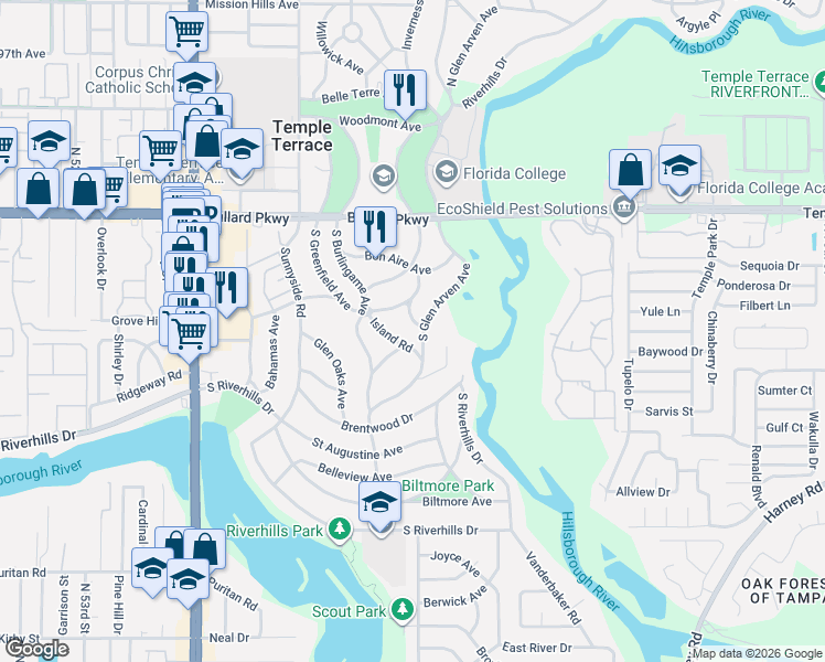map of restaurants, bars, coffee shops, grocery stores, and more near 310 Belle Claire Place in Temple Terrace