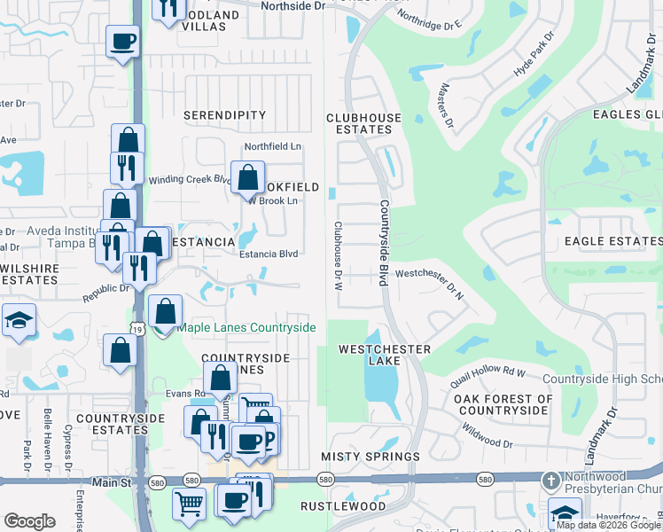 map of restaurants, bars, coffee shops, grocery stores, and more near 2963 Brookfield Lane in Clearwater
