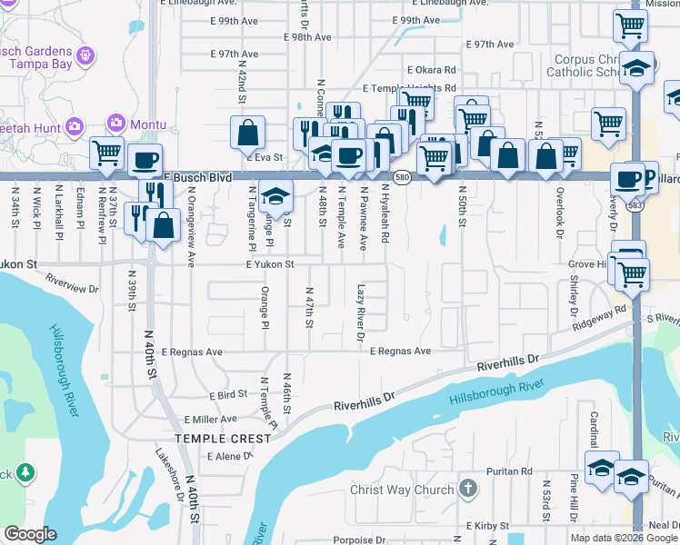 map of restaurants, bars, coffee shops, grocery stores, and more near 8516 North Temple Avenue in Tampa