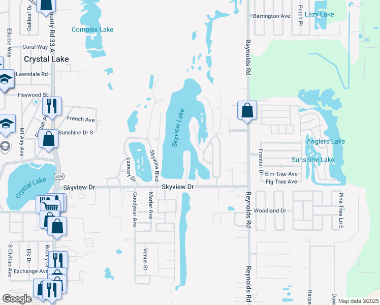 map of restaurants, bars, coffee shops, grocery stores, and more near 1203 Skyview Cove in Lakeland