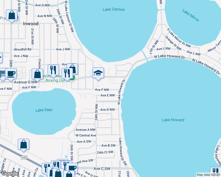 map of restaurants, bars, coffee shops, grocery stores, and more near 680 22nd Street Northwest in Winter Haven