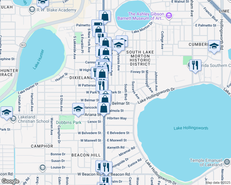 map of restaurants, bars, coffee shops, grocery stores, and more near 1062 South Tennessee Avenue in Lakeland
