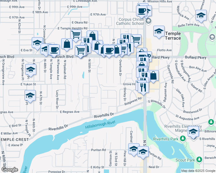 map of restaurants, bars, coffee shops, grocery stores, and more near 8700 North Whittier Street in Tampa