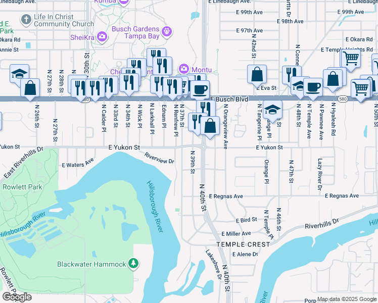 map of restaurants, bars, coffee shops, grocery stores, and more near 3707 East Yukon Street in Tampa