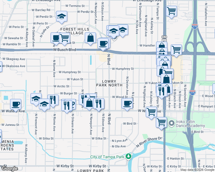 map of restaurants, bars, coffee shops, grocery stores, and more near 909 West Yukon Street in Tampa