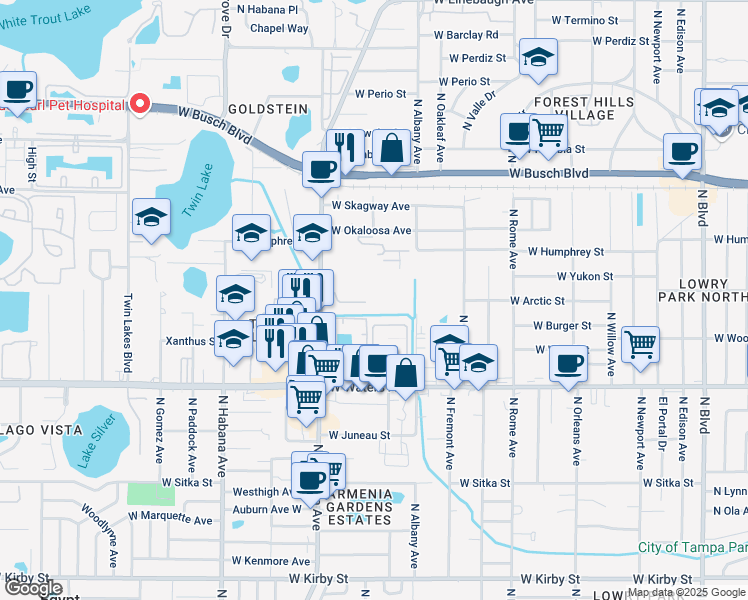 map of restaurants, bars, coffee shops, grocery stores, and more near 2228 Blue Spruce Way in Tampa