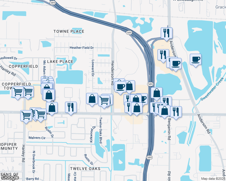 map of restaurants, bars, coffee shops, grocery stores, and more near 8509 Haywood Court in Tampa