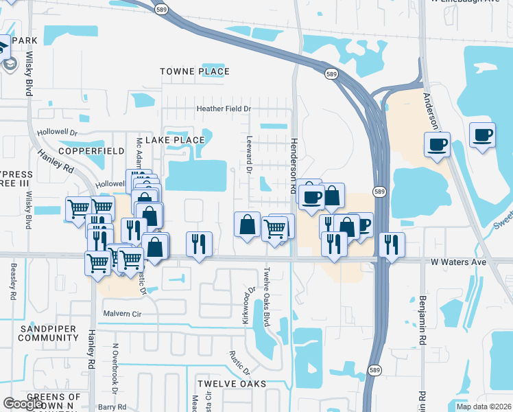 map of restaurants, bars, coffee shops, grocery stores, and more near 6406 Bali Court in Tampa