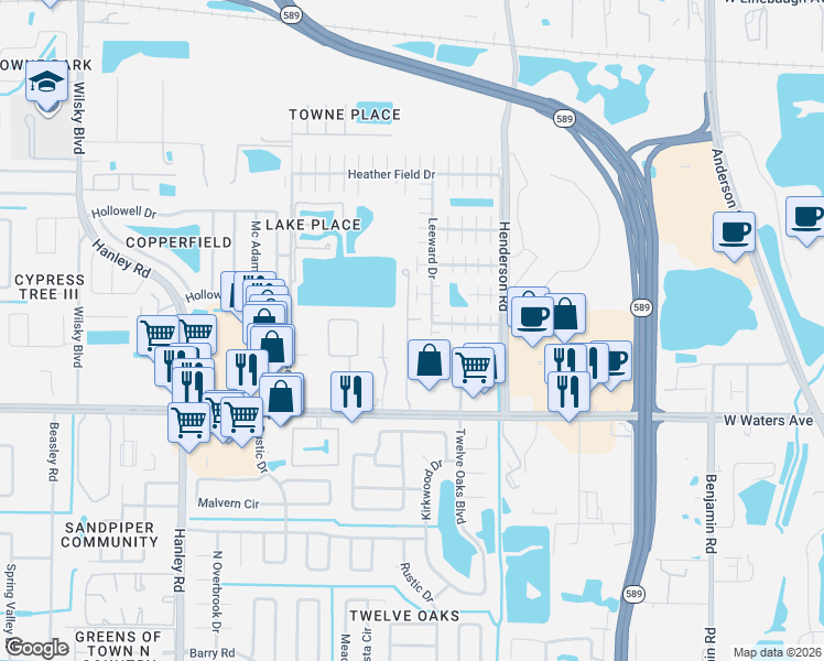 map of restaurants, bars, coffee shops, grocery stores, and more near 8526 Sandy Beach Street in Tampa