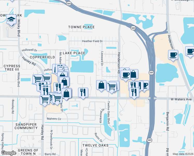 map of restaurants, bars, coffee shops, grocery stores, and more near 8526 Sandy Beach Street in Tampa