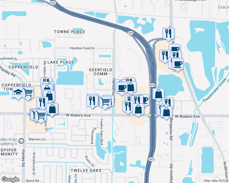 map of restaurants, bars, coffee shops, grocery stores, and more near 8745 Henderson Road in Tampa