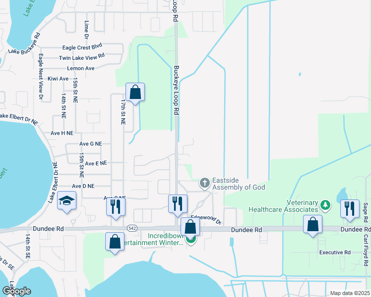 map of restaurants, bars, coffee shops, grocery stores, and more near 305 Royal Palm Way in Winter Haven