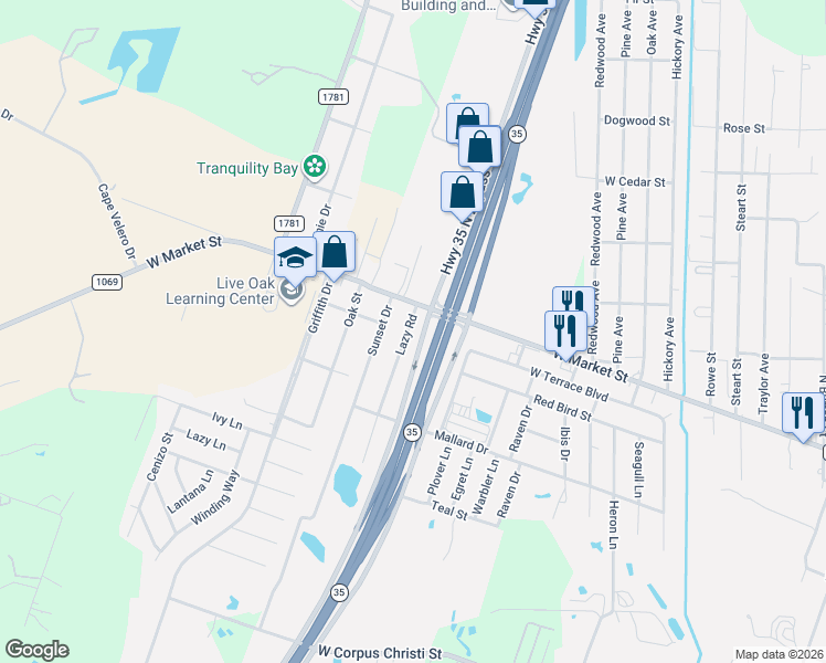 map of restaurants, bars, coffee shops, grocery stores, and more near 1741 West Market Street in Rockport