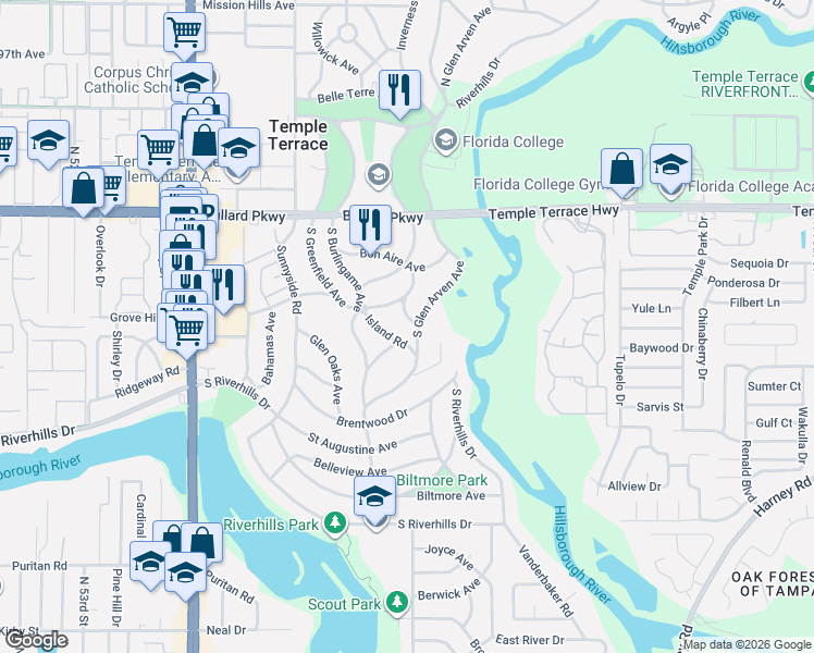 map of restaurants, bars, coffee shops, grocery stores, and more near 309 Belle Claire Place in Temple Terrace
