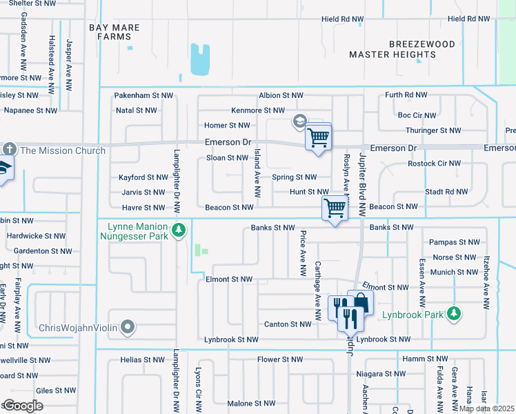 map of restaurants, bars, coffee shops, grocery stores, and more near 1213 Perry Avenue Northwest in Palm Bay