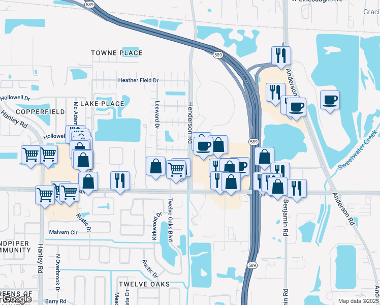 map of restaurants, bars, coffee shops, grocery stores, and more near 8750 Henderson Road in Tampa
