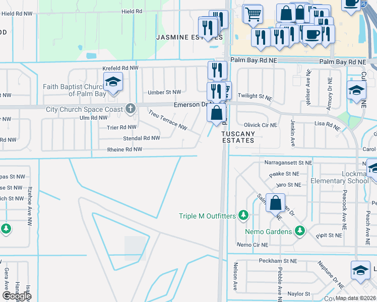 map of restaurants, bars, coffee shops, grocery stores, and more near 223 Rheine Road Northwest in Palm Bay