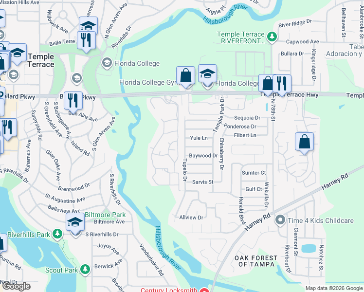 map of restaurants, bars, coffee shops, grocery stores, and more near 8614 Tupelo Drive in Tampa