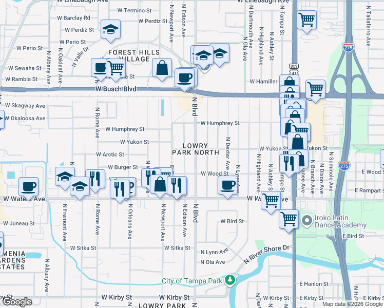 map of restaurants, bars, coffee shops, grocery stores, and more near 909 West Yukon Street in Tampa