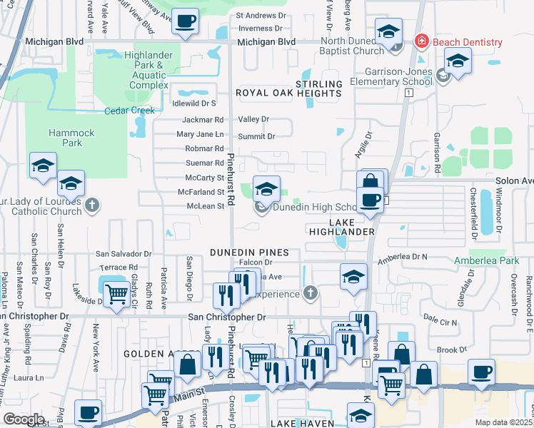 map of restaurants, bars, coffee shops, grocery stores, and more near 1651 Pinehurst Road in Dunedin