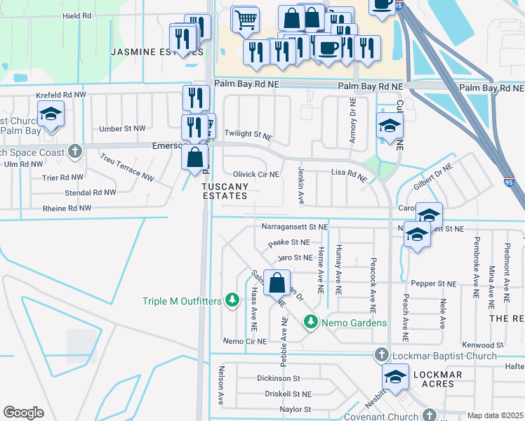 map of restaurants, bars, coffee shops, grocery stores, and more near 1207 Jade Lane Northeast in Palm Bay