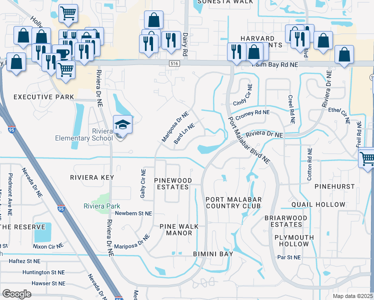 map of restaurants, bars, coffee shops, grocery stores, and more near 1180 Mascot Street Northeast in Palm Bay