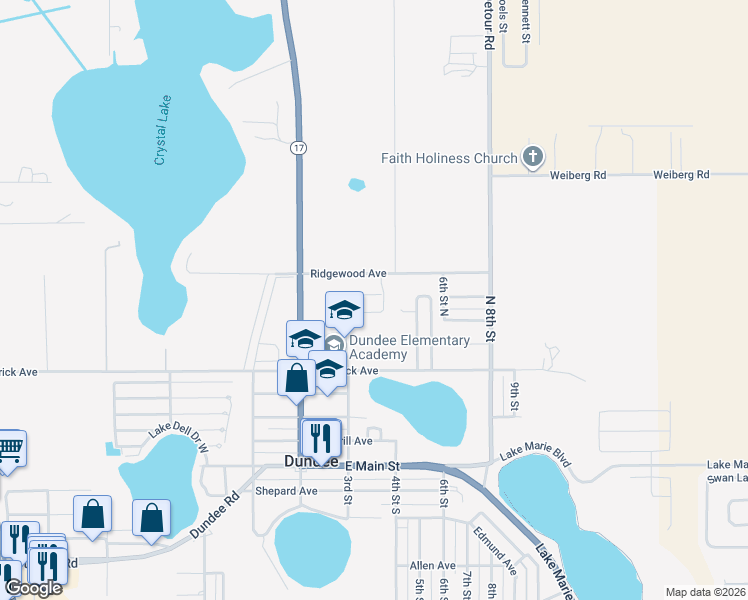 map of restaurants, bars, coffee shops, grocery stores, and more near 635 Valencia Court in Dundee