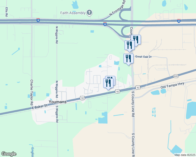 map of restaurants, bars, coffee shops, grocery stores, and more near 313 Sentry Palm Lane in Plant City