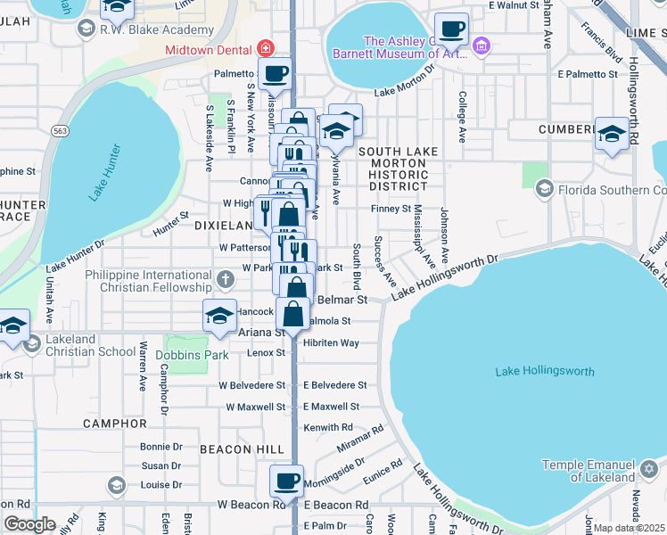 map of restaurants, bars, coffee shops, grocery stores, and more near 208 East Park Street in Lakeland