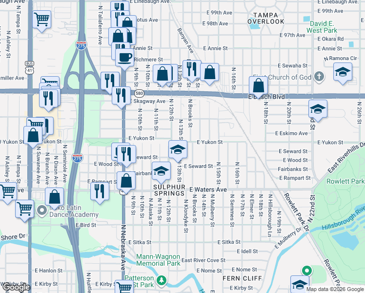 map of restaurants, bars, coffee shops, grocery stores, and more near 8701 North 13th Street in Tampa