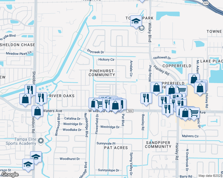 map of restaurants, bars, coffee shops, grocery stores, and more near 8513 Foxhall Drive in Tampa