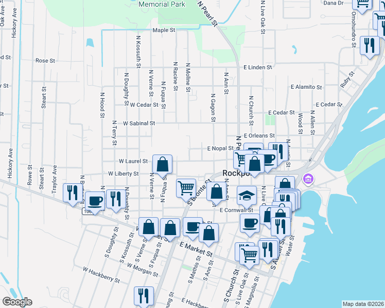 map of restaurants, bars, coffee shops, grocery stores, and more near 611 North Moline Street in Rockport