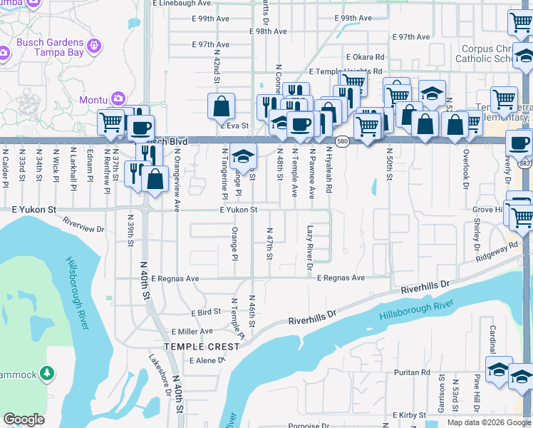 map of restaurants, bars, coffee shops, grocery stores, and more near 4607 East Yukon Street in Tampa