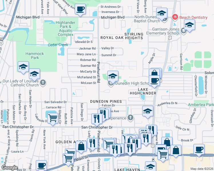 map of restaurants, bars, coffee shops, grocery stores, and more near 1651 County Road 99 in Dunedin