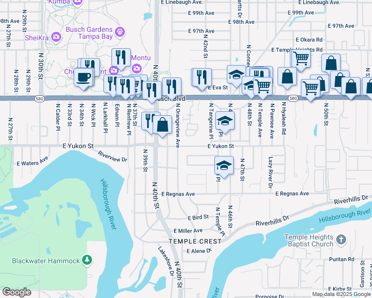 map of restaurants, bars, coffee shops, grocery stores, and more near 8702 North Orangeview Avenue in Tampa