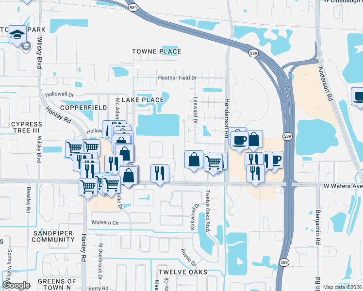 map of restaurants, bars, coffee shops, grocery stores, and more near 8526 Sandy Beach Street in Tampa