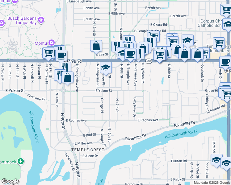 map of restaurants, bars, coffee shops, grocery stores, and more near 4607 East Yukon Street in Tampa
