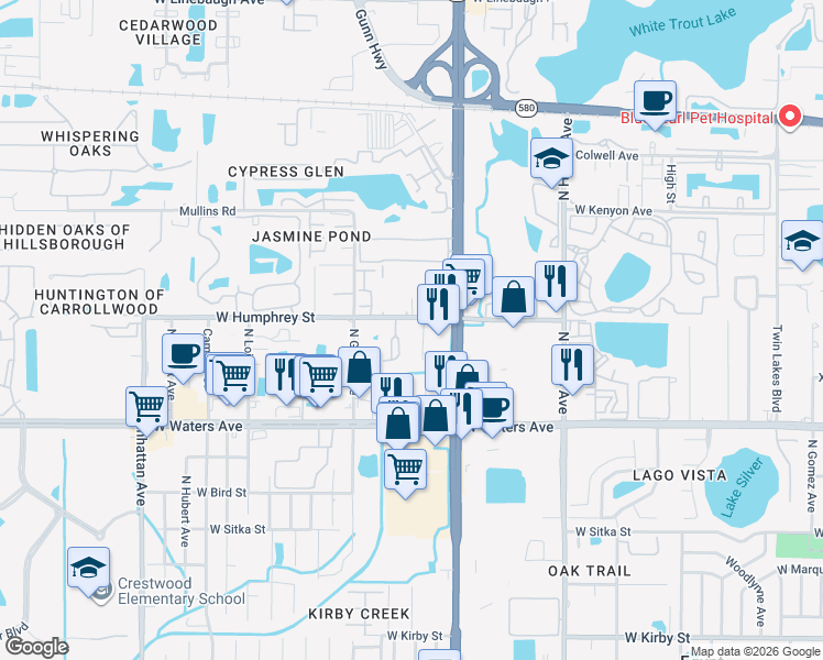 map of restaurants, bars, coffee shops, grocery stores, and more near 3836 West Humphrey Street in Tampa