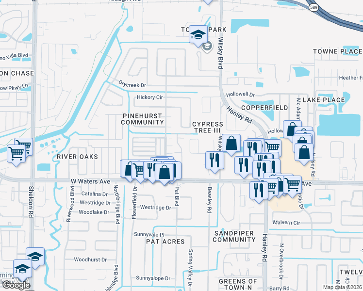 map of restaurants, bars, coffee shops, grocery stores, and more near 8536 Edgewater Place Boulevard in Tampa