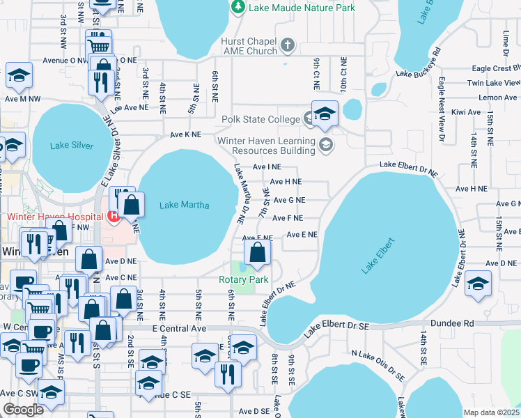 map of restaurants, bars, coffee shops, grocery stores, and more near 738 Lake Martha Drive Northeast in Winter Haven