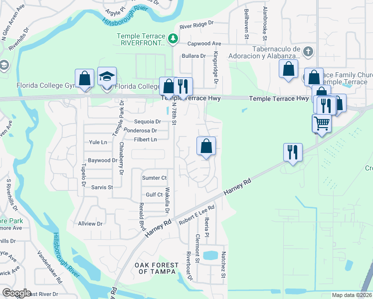 map of restaurants, bars, coffee shops, grocery stores, and more near 7806 Hyacinth Lane in Temple Terrace