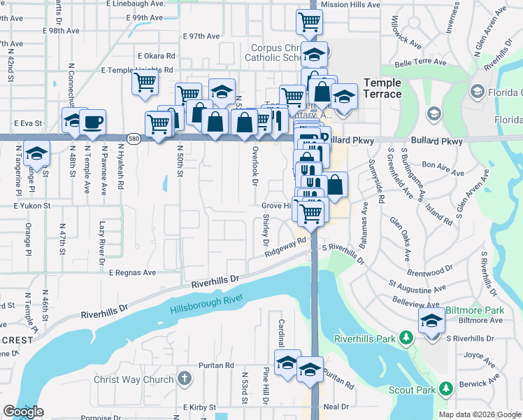map of restaurants, bars, coffee shops, grocery stores, and more near 5309 Grove Hill Road in Tampa