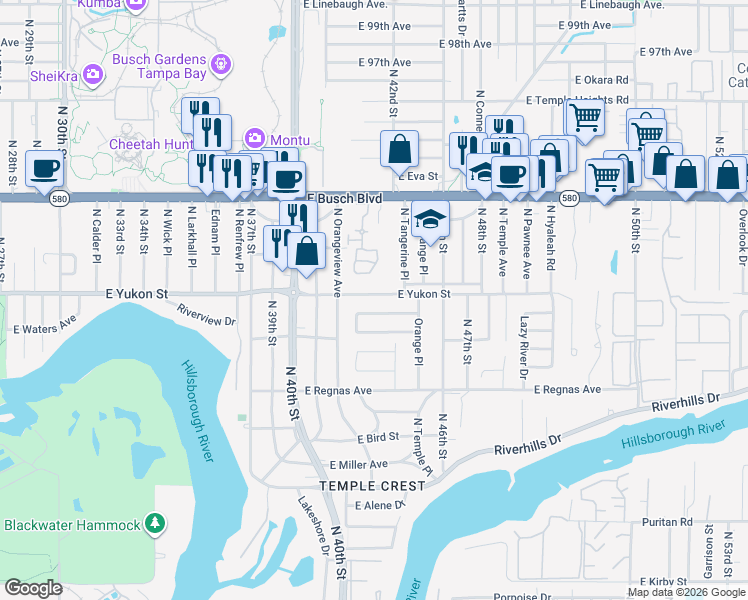 map of restaurants, bars, coffee shops, grocery stores, and more near 4216 East Yukon Street in Tampa