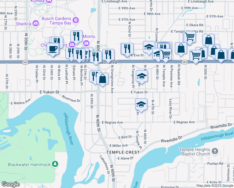 map of restaurants, bars, coffee shops, grocery stores, and more near 8702 North Orangeview Avenue in Tampa