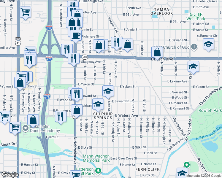 map of restaurants, bars, coffee shops, grocery stores, and more near 8701 North 13th Street in Tampa