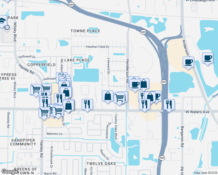 map of restaurants, bars, coffee shops, grocery stores, and more near 6406 Bali Court in Tampa