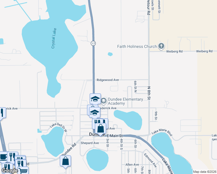 map of restaurants, bars, coffee shops, grocery stores, and more near 627 Valencia Court in Dundee