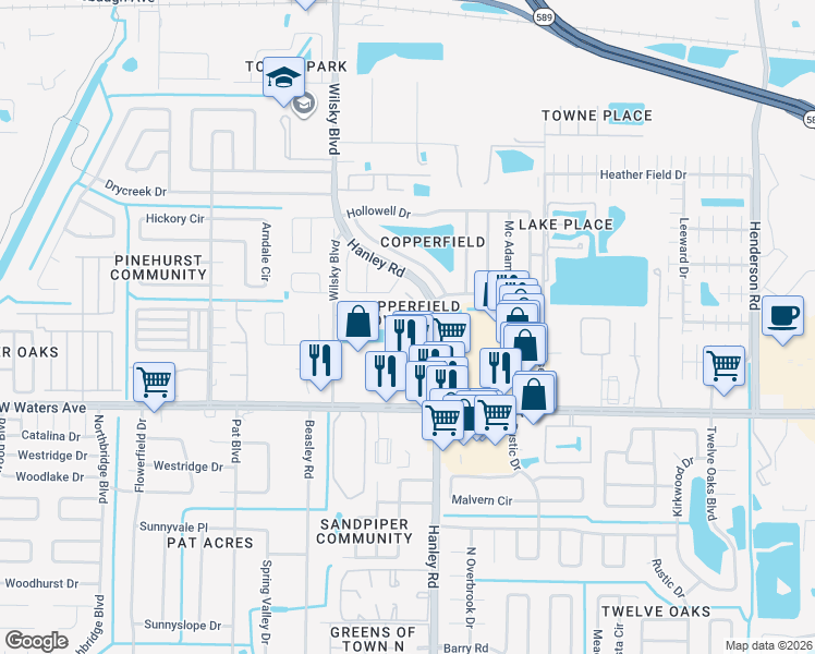 map of restaurants, bars, coffee shops, grocery stores, and more near 7520 Hollowell Drive in Tampa